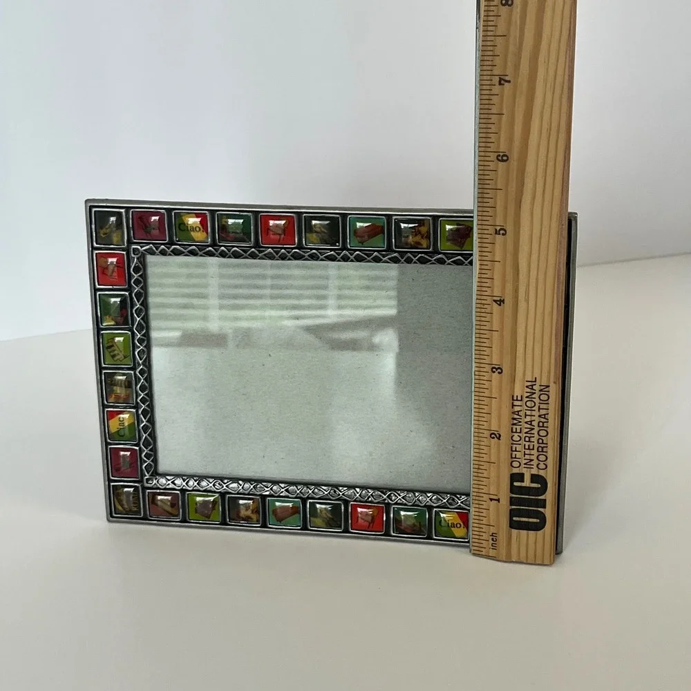 Italian Ciao Rome Mosaic Tile Pewter Tone Metal Photo Frame 4x6 Tabletop Decor